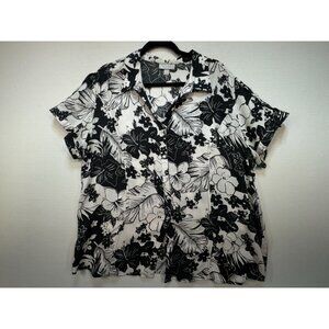 Dressbarn Women's Button Up Shirt Short Sleeve Summer Floral Size 3X Black White